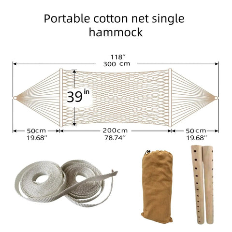 Portable Camping Hammock With Wooden Spreader Bar, AntiRollover Mesh Design, dimensions shown, with ropes and storage bag.