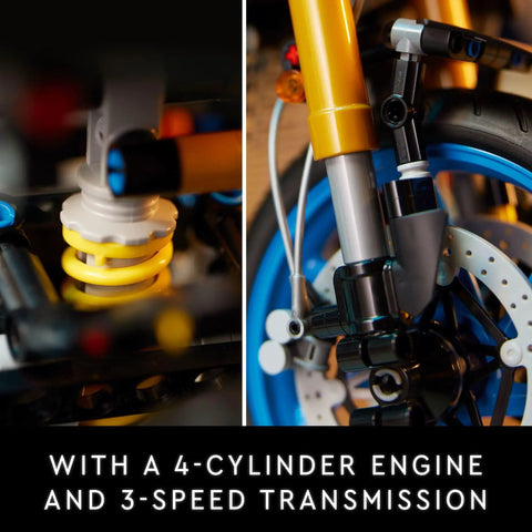 Close-up of Yamaha MT-10 SP Motorcycle Model Kit suspension and wheel details, 4-cylinder engine, realistic hyper naked bike replica.