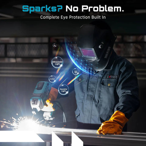 Person welding with Portable 110V Welder Kit With Auto Darkening Helmet 120A Handheld Welder Includes 20 Welding Rods Gloves and more