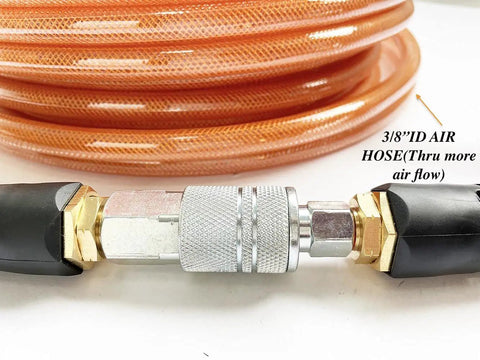Polyurethane Reinforced Air Hose Three Eighths Inch ID, 100 Foot, 300 PSI, Includes Industrial Quick Coupler And Plug, Bend Restrictor