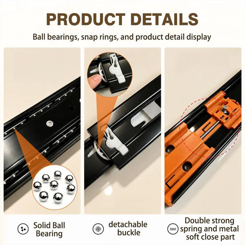 Buttery Smooth Soft Close Drawer Slides 8 Inch Full Extension Ball Bearing Side Mount Glides parts including ball bearings and buckles.