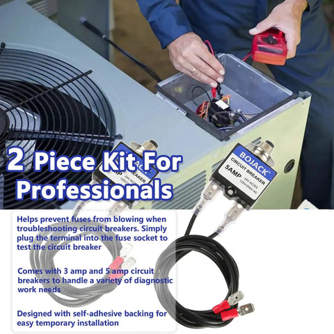 Resettable Fuse Circuit Tester For HVAC Breakers, 3 Amp And 5 Amp, showing 2-pack with testers on HVAC system, UL Rated