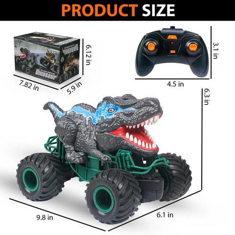 Monster Dinosaur Remote Control Car with 2.4 GHz radio, dinosaur RC truck with roaring face, LED lights and remote, product size chart