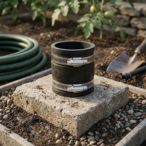 Top Notch Flexible Pipe Coupling Kit For 1 Inch PVC And Rubber Drain Repair Clamps Fast Fix For Leaky Sewer Lines Easy Install Plumbing Connection black 1 inch rubber coupling with steel clamps on stone