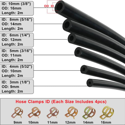 Awesome 6Pcs Auto Silicone Vacuum Hose Kit With 64 Connectors And Clamps For Cars Featuring Multiple Sizes From 1/8 Inch To 3/8 Inch Ideal For DIY Mechanics And Repair Jobs On Any Engine. Black silicone vacuum hoses with 3mm to 10mm IDs and hose clamps sizes 9mm to 16mm.