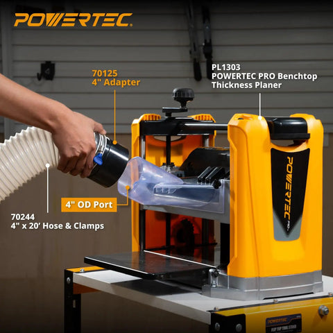 Heavy Duty 4 Inch Pipe Hose Adapter Quick Coupler For Workshop Dust Collection ABS plastic tubing attached to power tool.