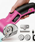Cordless Electric Scissors With LED Light, Ultra Quiet Beastly Brushless Motor Cutter, pink, shown with accessories, held in hand.