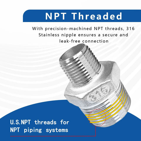 Stainless steel 316 reducing hex nipple, 3/4 in NPT to 1/2 in NPT, front view.