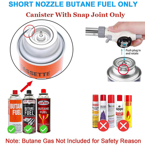 Versatile Butane Torch Lighter For Kitchen And BBQ Searing Meat Sous Vide Baking Grilling And Crafting Projects Like Jewelry DIY Refillable With Safe Ignition Short Nozzle Compatible Gas Not Included with compatible and non-compatible butane canisters.
