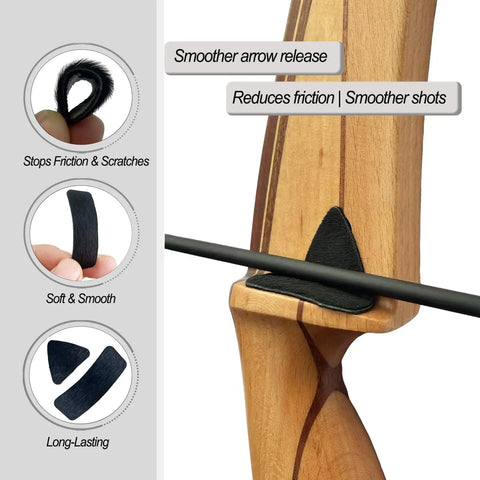 Natural Fur Hair Arrow Rest Set For Longbow And Recurve Bow Self Adhesive, showing stick-on pad on wooden bow and inset details.