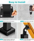 Installation steps for Heavy Duty Steel Stair Baluster Posts With Rust Resistant Black Finish and Quick Adjusting Brackets, showing tools and process.