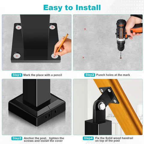 Installation steps for Heavy Duty Steel Stair Baluster Posts With Rust Resistant Black Finish and Quick Adjusting Brackets, showing tools and process.