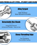 Features of Dual Function PVC Pipe Threader Tool Kit for internal and external threads, includes hex shank and threading edge