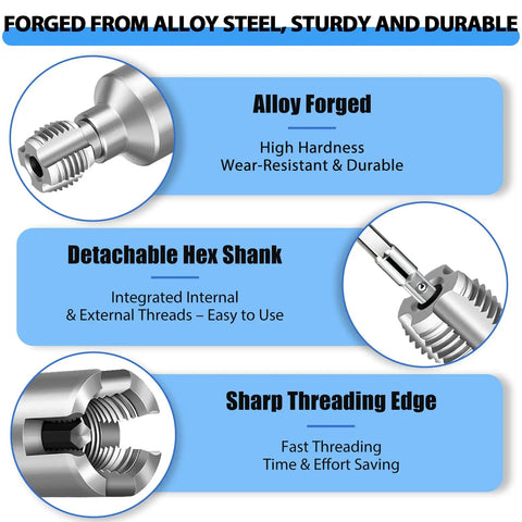 Features of Dual Function PVC Pipe Threader Tool Kit for internal and external threads, includes hex shank and threading edge