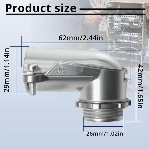 2 Pack 3/4 Inch Flexible Metal Conduit Elbow 90 Degree Squeeze Connector dimensions showing size and design details for installation.