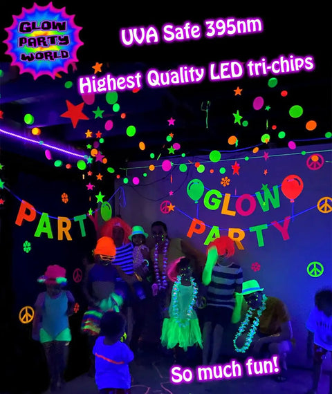 Four UV Black Light Strips For Neon Party Setup 115W LED Kit illuminating glowing decorations in dark party room