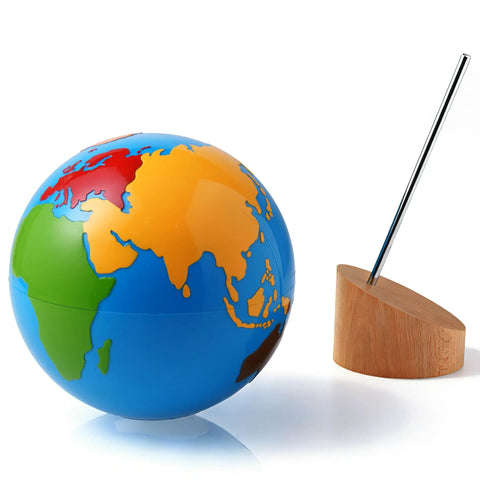 Montessori Color Globe 8.7 Inch Beechwood World Globe With Continent Outlines for Kid-Friendly Geography Learning, blue base detached