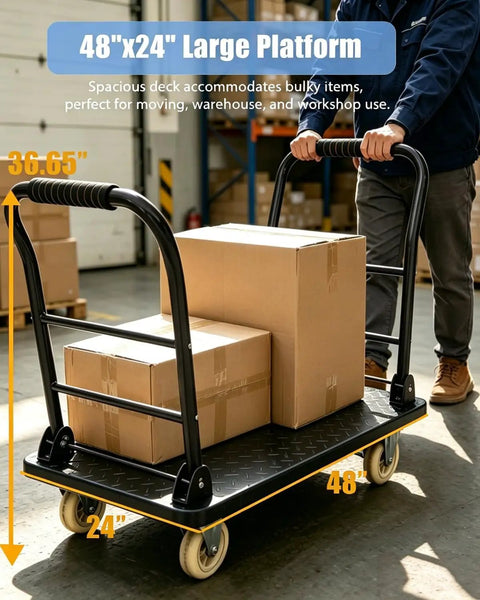 Built Tough Heavy Duty Steel Platform Truck With 2700 Lb Capacity 48 By 24 Inch Industrial Flatbed Cart Alloy Steel Frame Collapsible Handle 360 Degree Swivel Casters Made For Workshop Backyard And Heavy Cargo Logistics carrying boxes