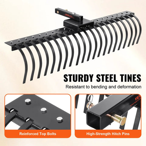 Tow Behind Landscape Rake 60 Inch Dethatcher With 21 Steel Coil Tines for Leaves Pine Needles and Grass with sturdy steel tines.