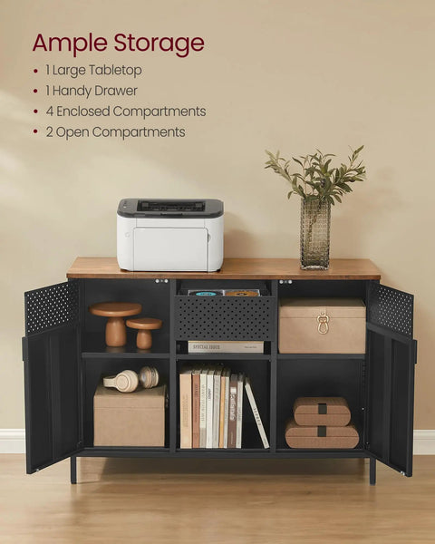 Rustic Brown And Matte Black Finish Metal Storage Cabinet With Two Doors, Adjustable Shelves, in room setting.