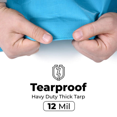 Hands showing tear resistance of Blue Heavy Duty Waterproof Tarp 12x20 Ft 12 Mil Thick With UV Resistant, Rip Proof, Metal Grommets