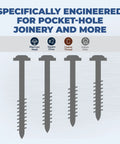 Zinc Pocket Hole Screws 1 1/4 Inch Coarse Thread Maxi-Loc Head Indoor 5000 Count for softwood and plywood joinery graphic.