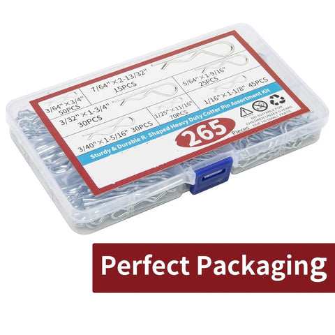 Alloy Steel R Shaped Cotter Pin Assortment Kit With 6 Sizes, 265 pcs in transparent case, heavy duty hairpin clips packaging