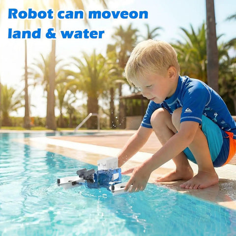 Child playing with Solar Powered 25-In-1 Robot Kit For Kids Aged 8 To 12 by a pool, showcasing robot's land and water movement