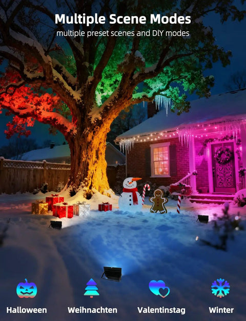 Colorful garden scene with 30W Outdoor RGBW Flood Light With Bluetooth App Control, Color Changing LEDs, winter decorations