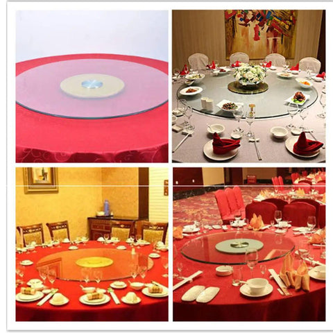 Large Tempered Glass Turntable With Silent Ball Bearing And Thickened 10mm Base on dining tables, showcasing meals and decor