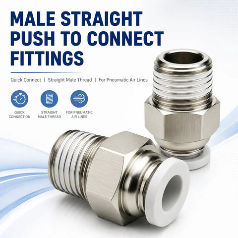 Push To Connect Pneumatic Straight Male Fittings 1/4 Inch Tube OD X 1/4 Inch NPT Thread PC1/4-N02 Pack Of 10 For Air Lines And Pneumatic Tools, Durable Quick Connectors; white metal fittings