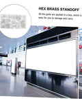 Hex brass standoff set displayed in a compact storage box against a modern airport terminal backdrop.
