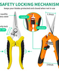 Close-up of 3 Pack Garden Pruning Shears Set with stainless steel blades, ergonomic anti-slip handles, and a safety lock mechanism.