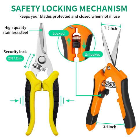 Close-up of 3 Pack Garden Pruning Shears Set with stainless steel blades, ergonomic anti-slip handles, and a safety lock mechanism.