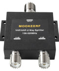 2 Way UHF Splitter With SO239 Female Connector For VHF UHF Radios 50 Ohm Amateur Ham CB Not For TV 136MHz To 174MHz And 400MHz To 520MHz With 3 dB Distribution Loss And VSWR 1.3 Or Less Pro Grade. Black rectangular device with connectors labeled Mooke RF