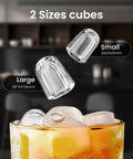 Countertop Ice Maker With Handle For Home Kitchen, showing two sizes of bullet ice cubes above a glass