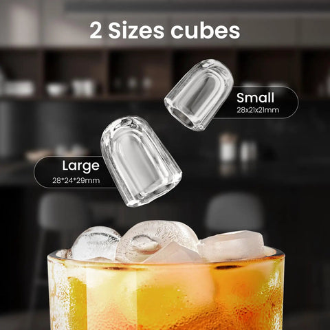 Countertop Ice Maker With Handle For Home Kitchen, showing two sizes of bullet ice cubes above a glass