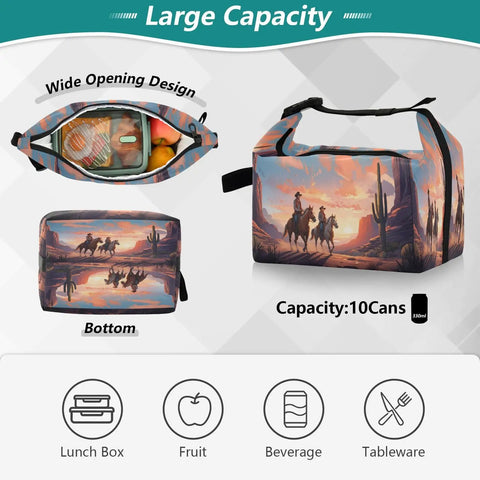 Cowboy Themed Insulated Lunch Bag With Huge Capacity And Grab And Go Design Keeps Food Fresh All Day Leakproof Reusable Lunch Cooler For Work Picnics Camping Women Men A Practical Everyday Tote That Feels Cute And Ready For Meal Prep shown with wide opening and cowboy design.
