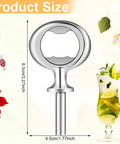 Front view of a silver metal bottle opener with circular ring handle and threaded stem.