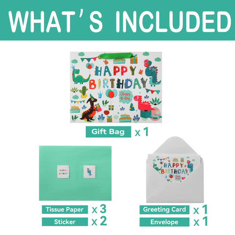 13 Inch White Gift Bag Set With Greeting Card And Tissue Paper, Green Dino Design, Happy Birthday Theme, Large Bags For 1st Or 2nd Birthday Parties, Kids Party Supplies For Boys And Girls.