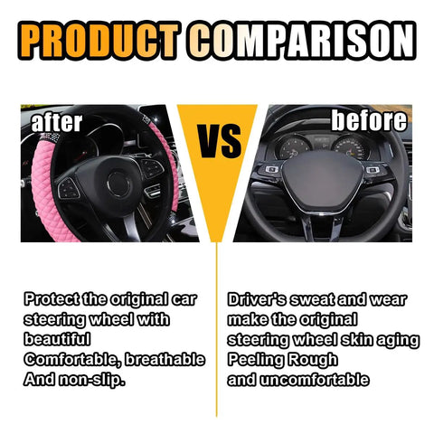 Dope Pink Rhinestone Bling Soft Leather Steering Wheel Cover For Cars 15 Inch Auto Fresh Interior comparison after and before use