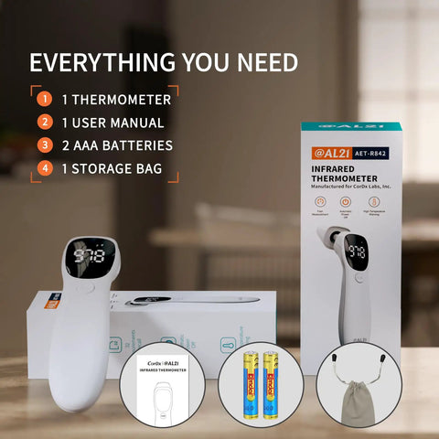 Dual Mode Infrared Thermometer No Contact Forehead And Ear For Adults Kids And Babies With Fever Alarm 1 Second Reading 32 Memory Recall Easy Switch Anytime, box set with batteries and bag