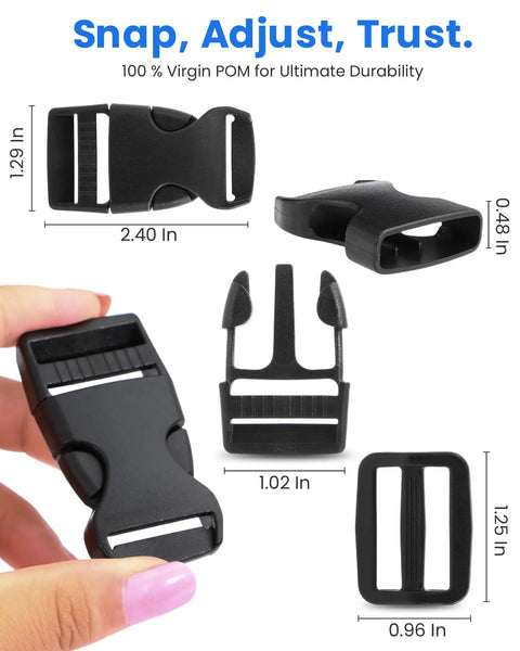 Beefed Up Heavy Duty 1 Inch Polyester Webbing Kit with Six Quick Release Buckles and Twelve Triglide Clips, shown in various views.