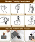 Instruction guide for installing and removing the Removable Waterproof Shower Organizer With Drainage, Suction Cup Storage Shelf For Inside Shower.