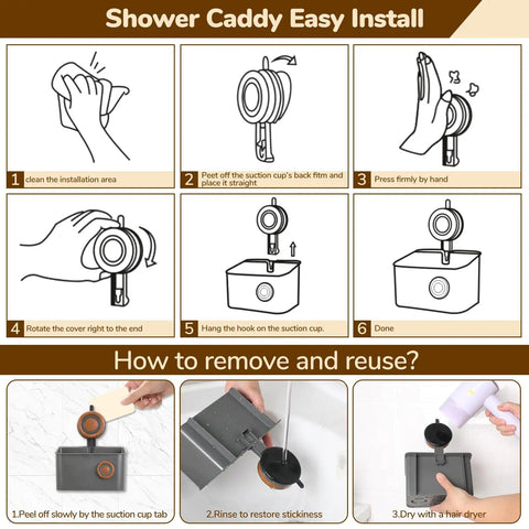 Instruction guide for installing and removing the Removable Waterproof Shower Organizer With Drainage, Suction Cup Storage Shelf For Inside Shower.