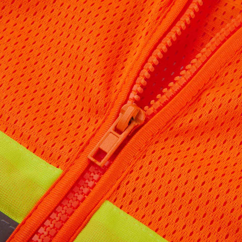 Close-up of the zipper on Heavy Duty Neon Orange Mesh Safety Vest With Seven Pockets And 3M Reflective Tape For Top Shelf Day And Night Visibility Ansi Isa Class 3 Rated And Built For The Daily Grind.