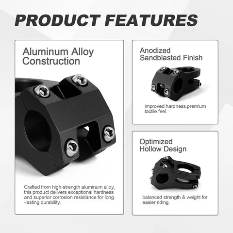 22.2mm Bike Stem 40mm Short Aluminum Alloy Beefy 6061 T6 CNC Machined 3D Forged For Kid Riders MTB BMX Pit Bike EBike Black