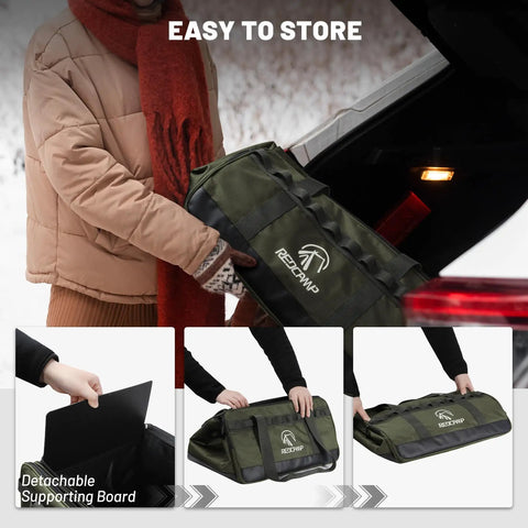 35L Tactical Camping Tote Organizer Duffel Bag, Army Green, with Waterproof Outdoor Storage, 3 Dividers, shown in car trunk setup