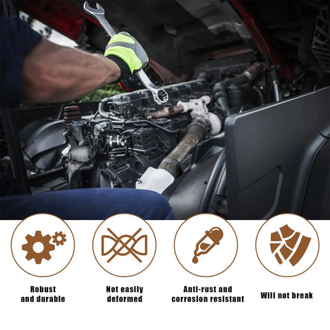 Mechanic using wrench on car engine, promoting 170 Piece Car U Clip And Screw Assortment Kit With 9 Sizes Metal Body Panel Clips U Nut Fasteners.