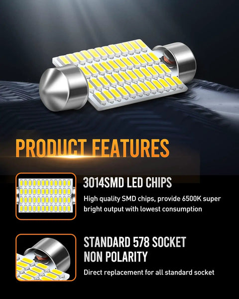 Product features of Xenon White LED Car Interior Bulbs 570 Lumens Each, 3.8W, 6500K, Pack of 2, with 3014SMD chips